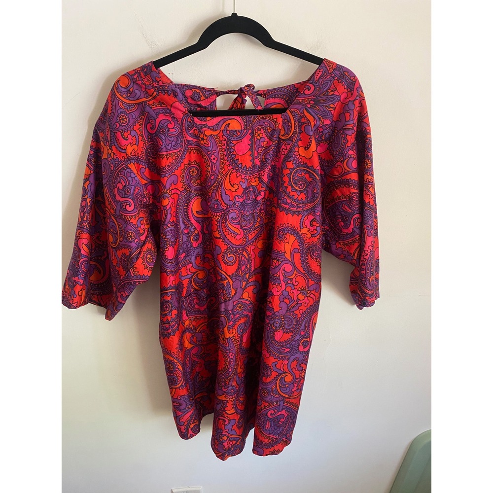 Vintage Design House Japan Cotton Paisley Open Back Tie Top‎ Red Purple Orange